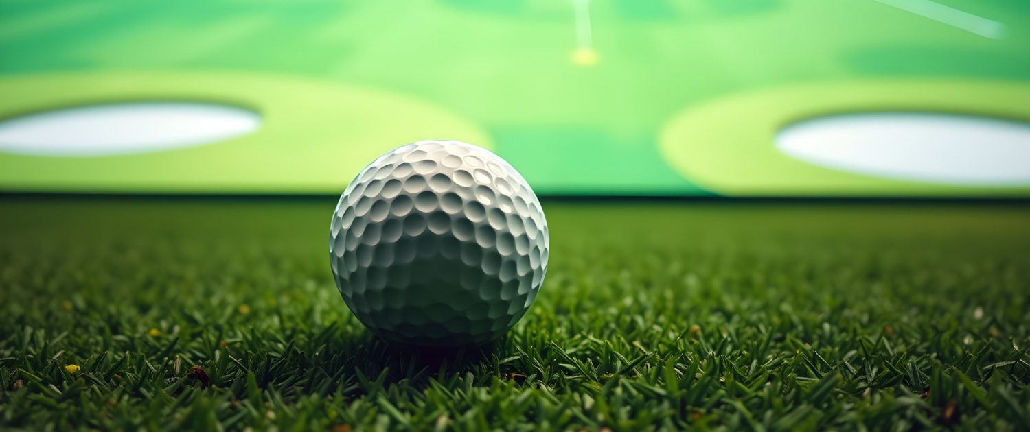 Golf ball resting on artificial turf in front of screen showing virtual golf course
