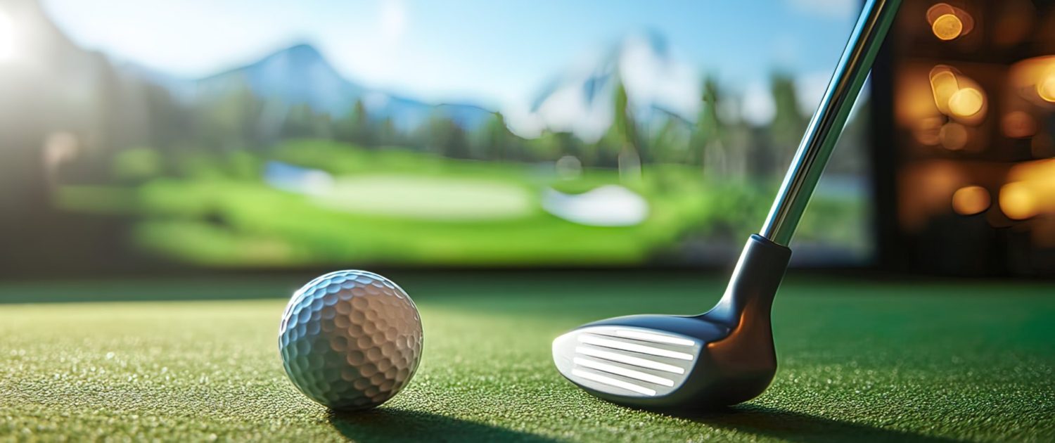 Golf ball and club on mat in front of screen showing virtual golf course Golf ball and club on mat in front of screen showing virtual golf course