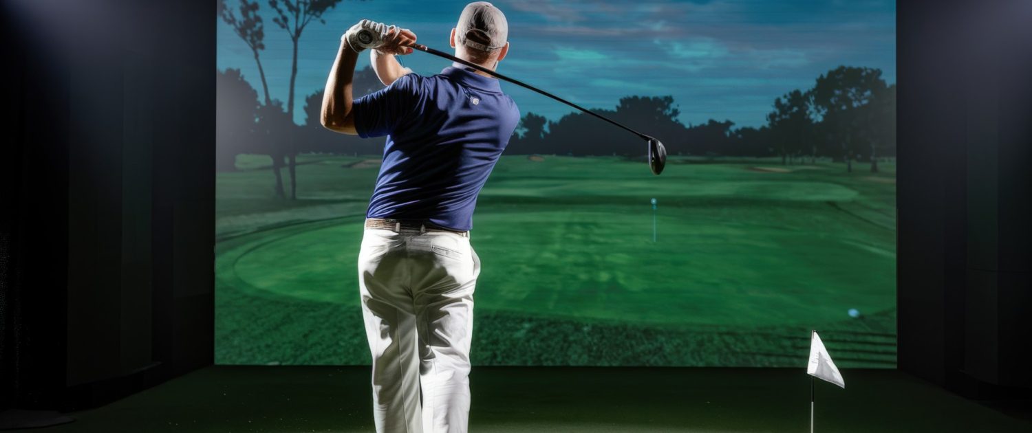 Man in golf simulator practicing full swing